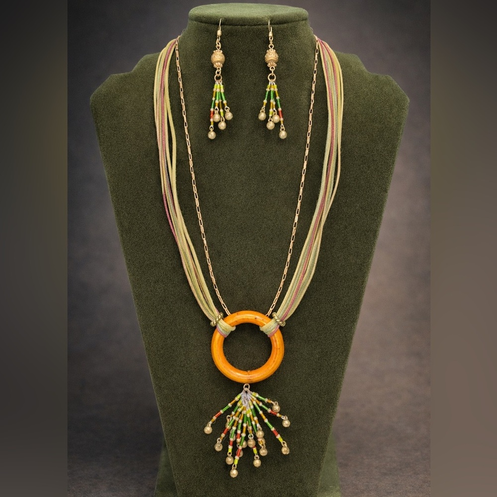 Vintage Boho Necklace Set + Earrings + 14K Gold Filled 18” Chain